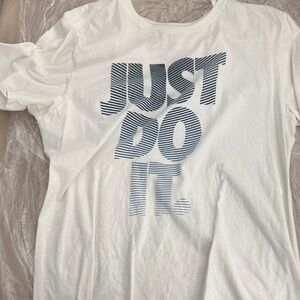 Nike White Tee with Striped Dark Blue Text